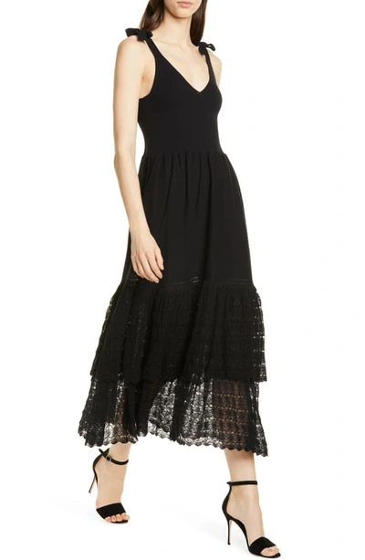 Shop La Vie Rebecca Taylor Tie Shoulder Ribbed & Lace Dress In Black