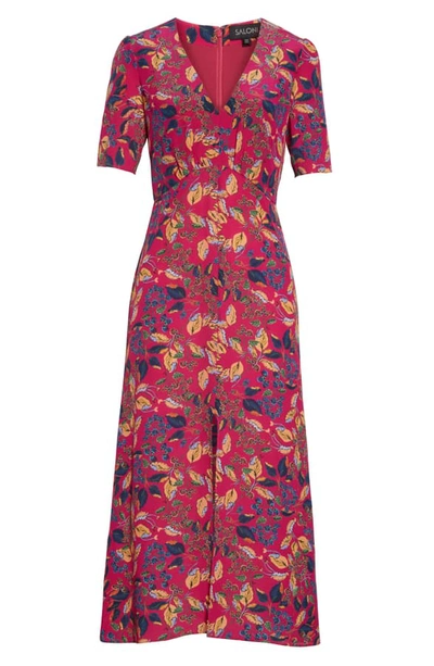Shop Saloni Eden Floral Print Silk Midi Dress In Rani Berry Leaf