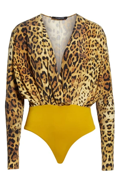 Shop Cushnie Leopard Print Plunging Silk Bodysuit In Tan Leopard