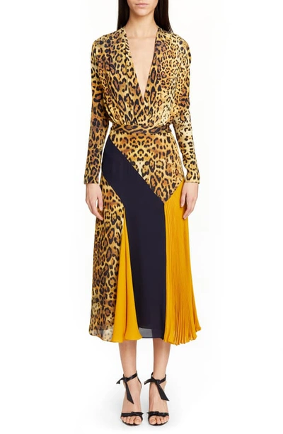 Shop Cushnie Leopard Print Plunging Silk Bodysuit In Tan Leopard