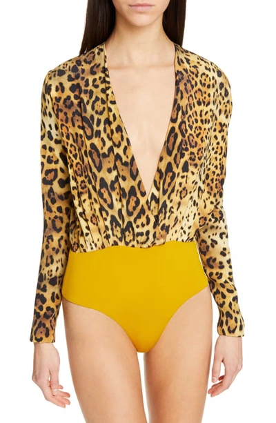 Shop Cushnie Leopard Print Plunging Silk Bodysuit In Tan Leopard