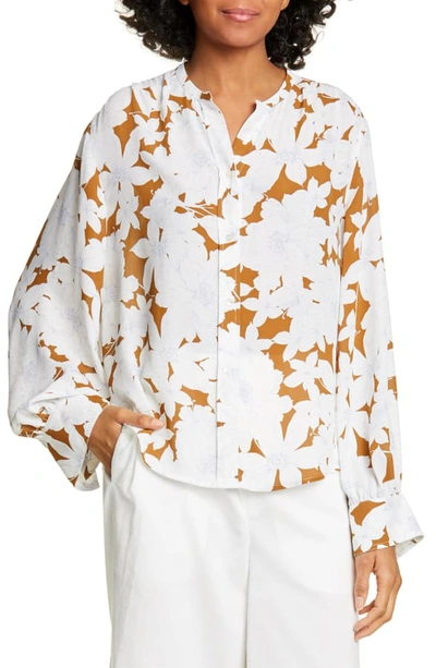 Shop Vince Tropical Blooms Shirred Blouse In Teakwood