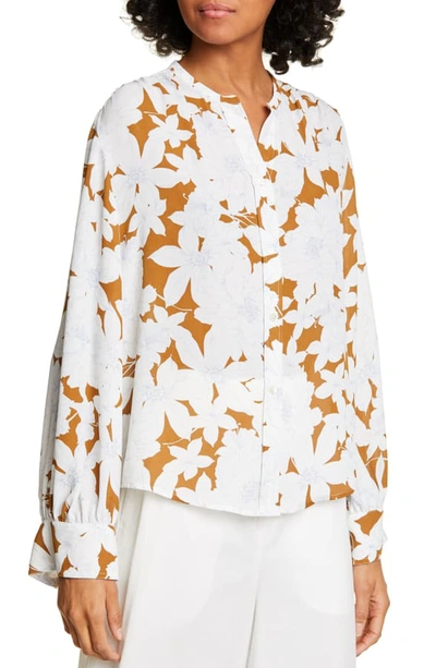 Shop Vince Tropical Blooms Shirred Blouse In Teakwood