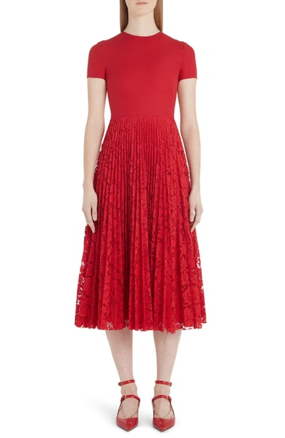 Shop Valentino Pleated Lace Midi Dress In Red