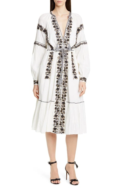 Shop Ulla Johnson Vanita Embellished Long Sleeve Midi Dress In Blanc