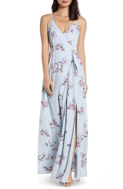 Shop Wayf The Angelina Slit Wrap Gown In Dusty Blue Floral