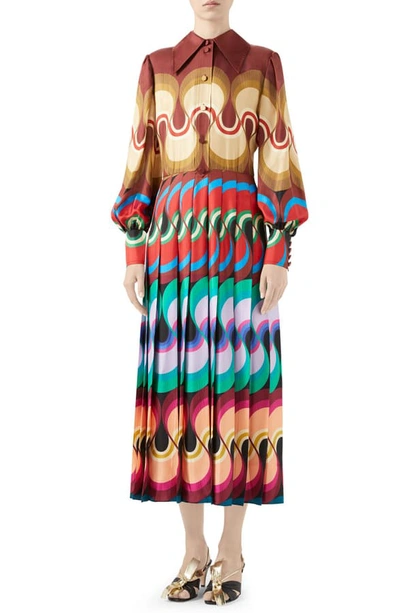 Shop Gucci '70s Waves Ribbon Print Long Sleeve Midi Dress In Green/ Lilac Print