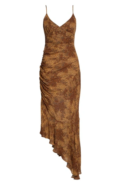 Shop Nicholas Asymmetrical Hem Silk Dress In Tan Multi