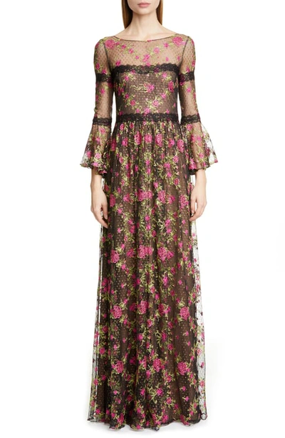 Shop Marchesa Notte Embroidered Long Sleeve Gown In Black