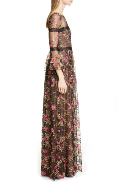 Shop Marchesa Notte Embroidered Long Sleeve Gown In Black