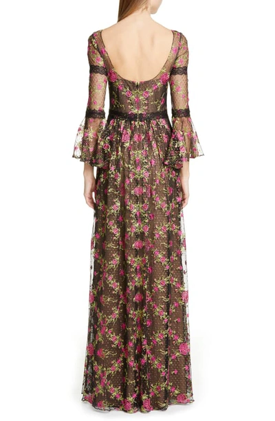 Shop Marchesa Notte Embroidered Long Sleeve Gown In Black