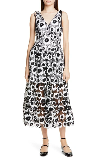 Shop Self-portrait Abstract Floral Guipure Lace Midi Dress In Ivory/ Black