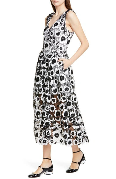 Shop Self-portrait Abstract Floral Guipure Lace Midi Dress In Ivory/ Black