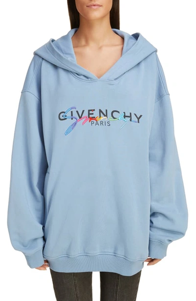Shop Givenchy Rainbow Logo Hooded Sweatshirt In Skyblue
