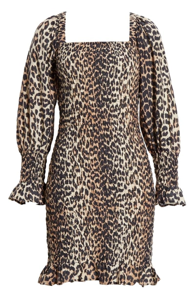 Shop Ganni Leopard Print Long Sleeve Cotton & Silk Minidress