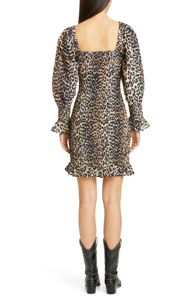Shop Ganni Leopard Print Long Sleeve Cotton & Silk Minidress