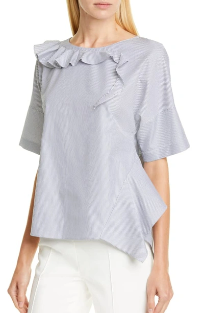 Shop Akris Punto Ruffle Detail Blouse In Dark Denim/ Cream