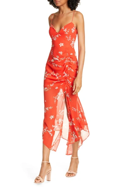 Shop Nicholas Ruched Angled Hem Silk Dress In Scarlet Multi