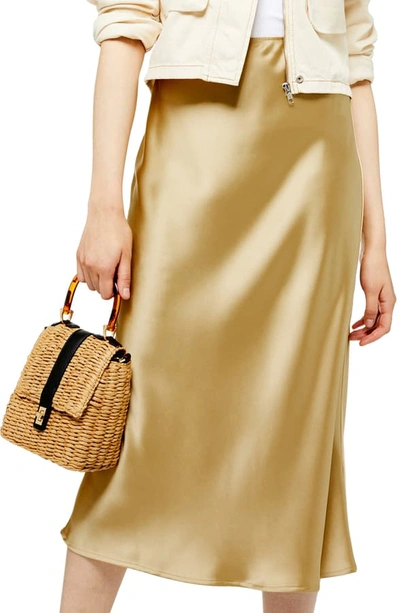 Shop Topshop Satin Bias Midi Skirt In Gold