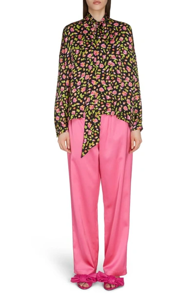 Shop Balenciaga Rose Print Silk Tie Neck Blouse In Black/ Pink