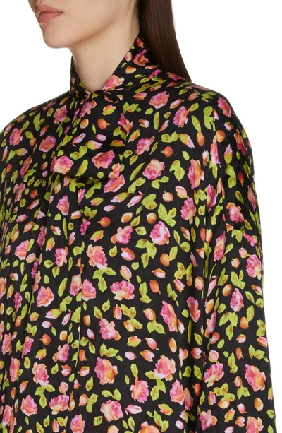 Shop Balenciaga Rose Print Silk Tie Neck Blouse In Black/ Pink