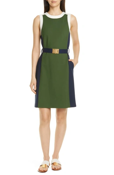 Shop Tory Burch Belted Colorblock Ponte Dress In Equestrian Green