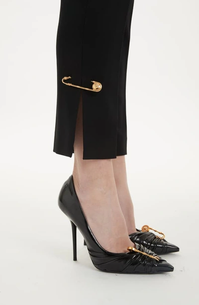 Shop Versace Safety Pin Detail Slim Stretch Wool Pants In Black