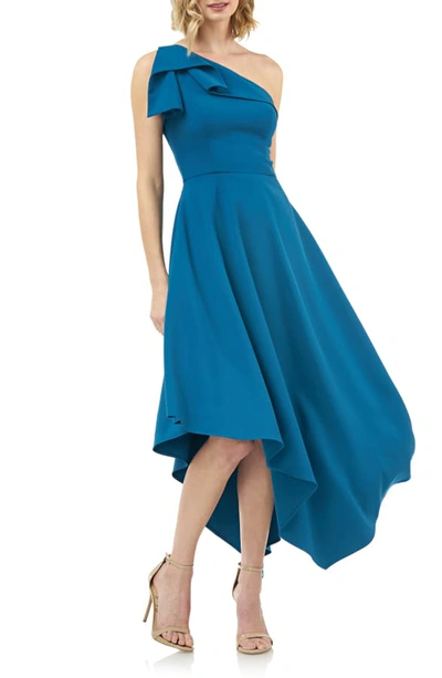 Shop Kay Unger One-shoulder Asymmetrical Crepe Cocktail Dress In Peacock