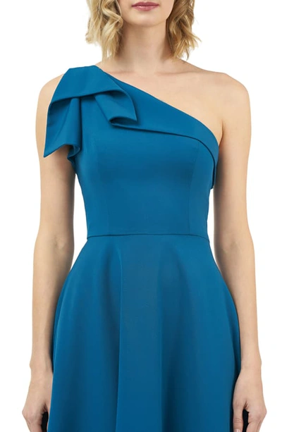 Shop Kay Unger One-shoulder Asymmetrical Crepe Cocktail Dress In Peacock