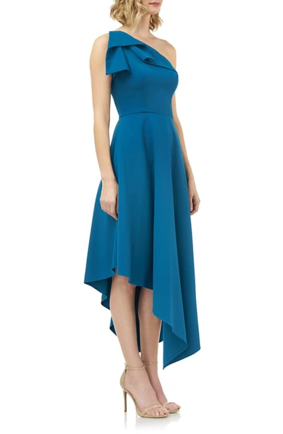 Shop Kay Unger One-shoulder Asymmetrical Crepe Cocktail Dress In Peacock