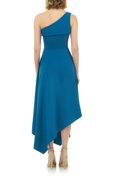 Shop Kay Unger One-shoulder Asymmetrical Crepe Cocktail Dress In Peacock