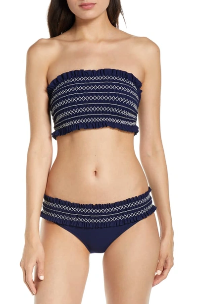 Shop Tory Burch Costa Smocked Hipster Bikini Bottoms In Tory Navy / New Ivory