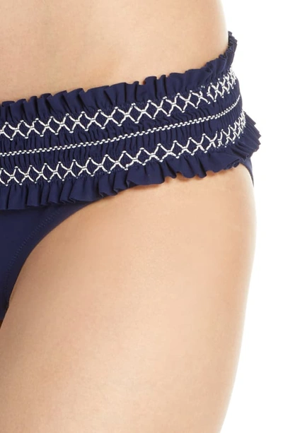 Shop Tory Burch Costa Smocked Hipster Bikini Bottoms In Tory Navy / New Ivory