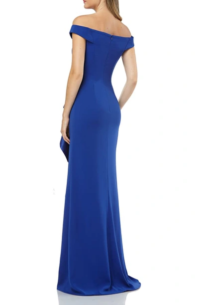Shop Carmen Marc Valvo Infusion Ruffle Off The Shoulder Gown In Cobalt