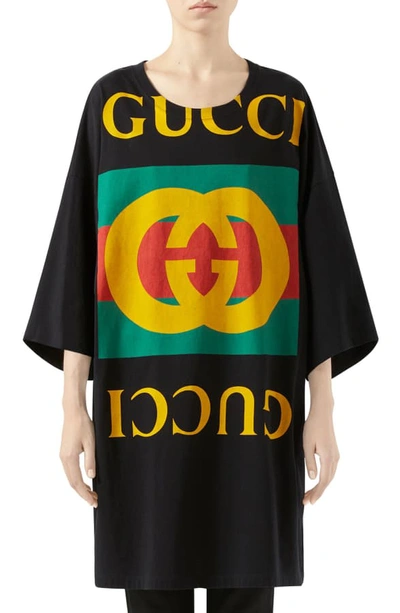 Shop Gucci Gg Logo Oversize Cotton Tee In Black/ Multicolor