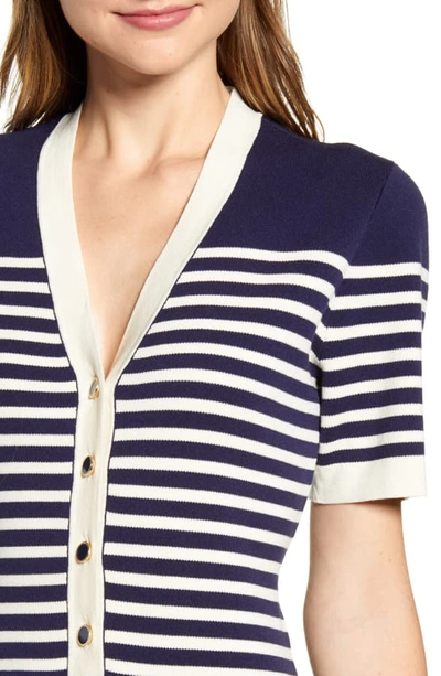 Shop Anne Klein Stripe Colorblock Cotton Blend Sweater Dress In Eclipse/ Anne White