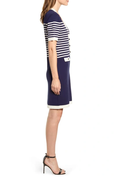 Shop Anne Klein Stripe Colorblock Cotton Blend Sweater Dress In Eclipse/ Anne White