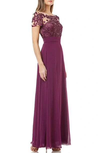 Shop Js Collections Embroidered Illusion Bodice Gown In Plum