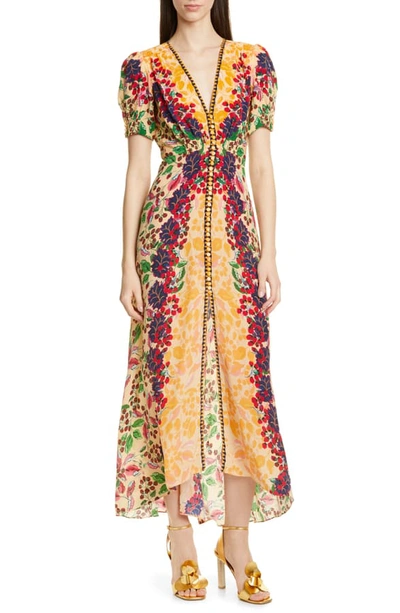 Shop Saloni Lea Print Silk Maxi Dress In Champagne Berries