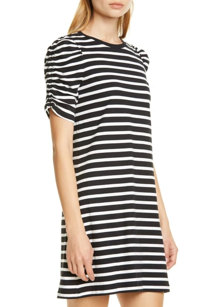 Shop Kate Spade Sailing Stripe Ruched Sleeve Cotton Dress In Black/ Cream