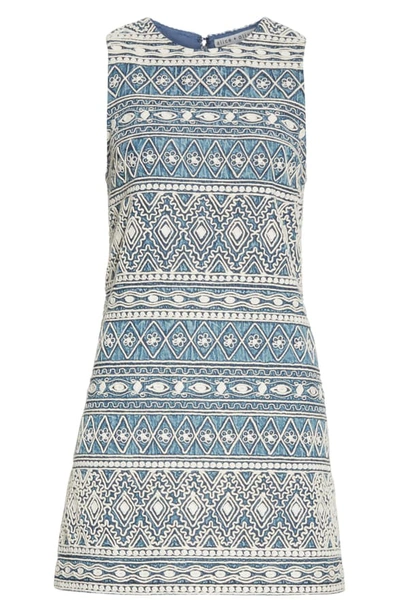 Shop Alice And Olivia Coley Embroidery Sleeveless Sheath Dress In Chambray/ Cream
