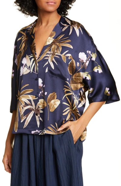 Shop Vince Mixed Tropical Garden Silk Pj Shirt In Marine