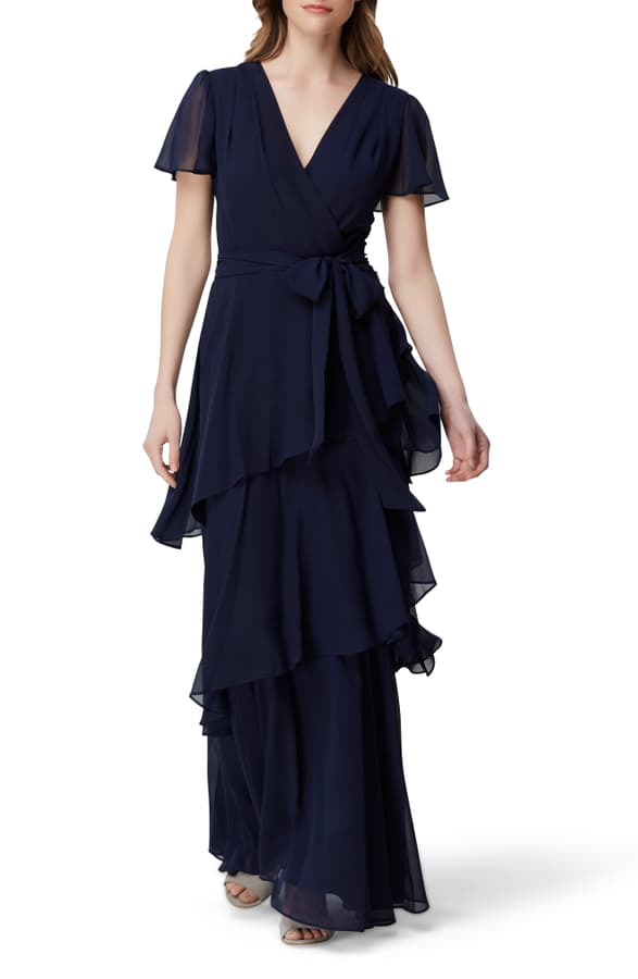 tahari asl tiered chiffon maxi gown