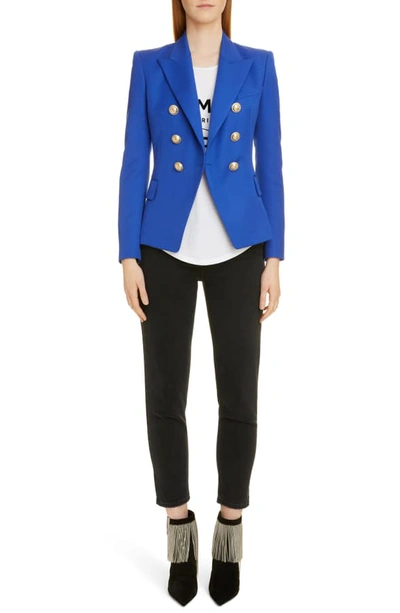 Shop Balmain Double Breasted Grain De Poudre Wool Jacket In 6uf Bleu Gitane