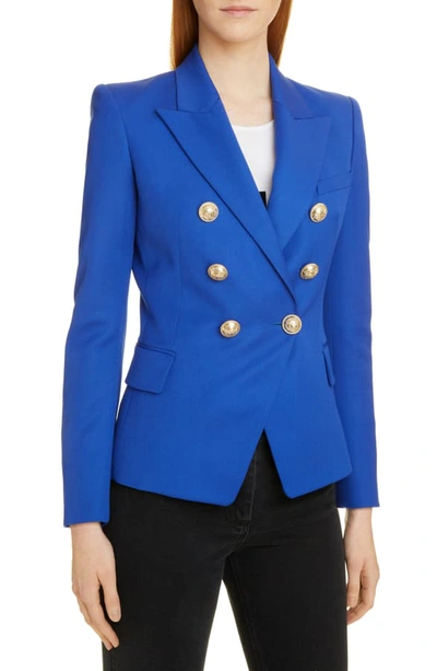 Shop Balmain Double Breasted Grain De Poudre Wool Jacket In 6uf Bleu Gitane