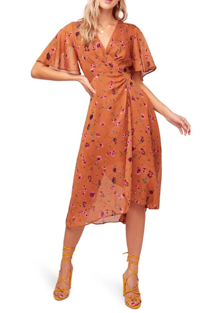 Shop Astr Delaney Faux Wrap Flutter Sleeve Dress In Rust-fuchsia Floral