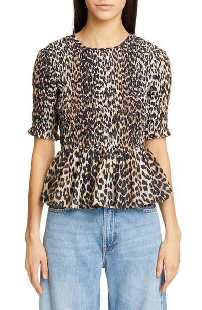 Shop Ganni Leopard Print Cotton & Silk Peplum Top