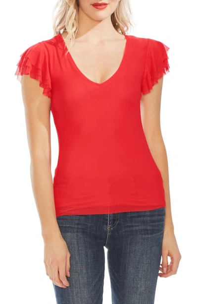 Shop Vince Camuto Tier Ruffle Sleeve Mesh Top In Crimson Red