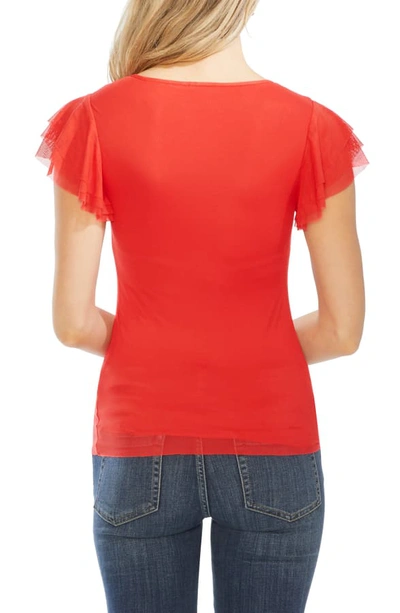Shop Vince Camuto Tier Ruffle Sleeve Mesh Top In Crimson Red