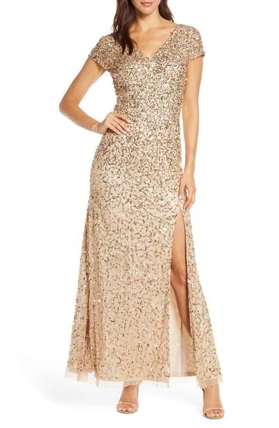 Shop Adrianna Papell Beaded V-neck Evening Gown In Champagne/ Gold